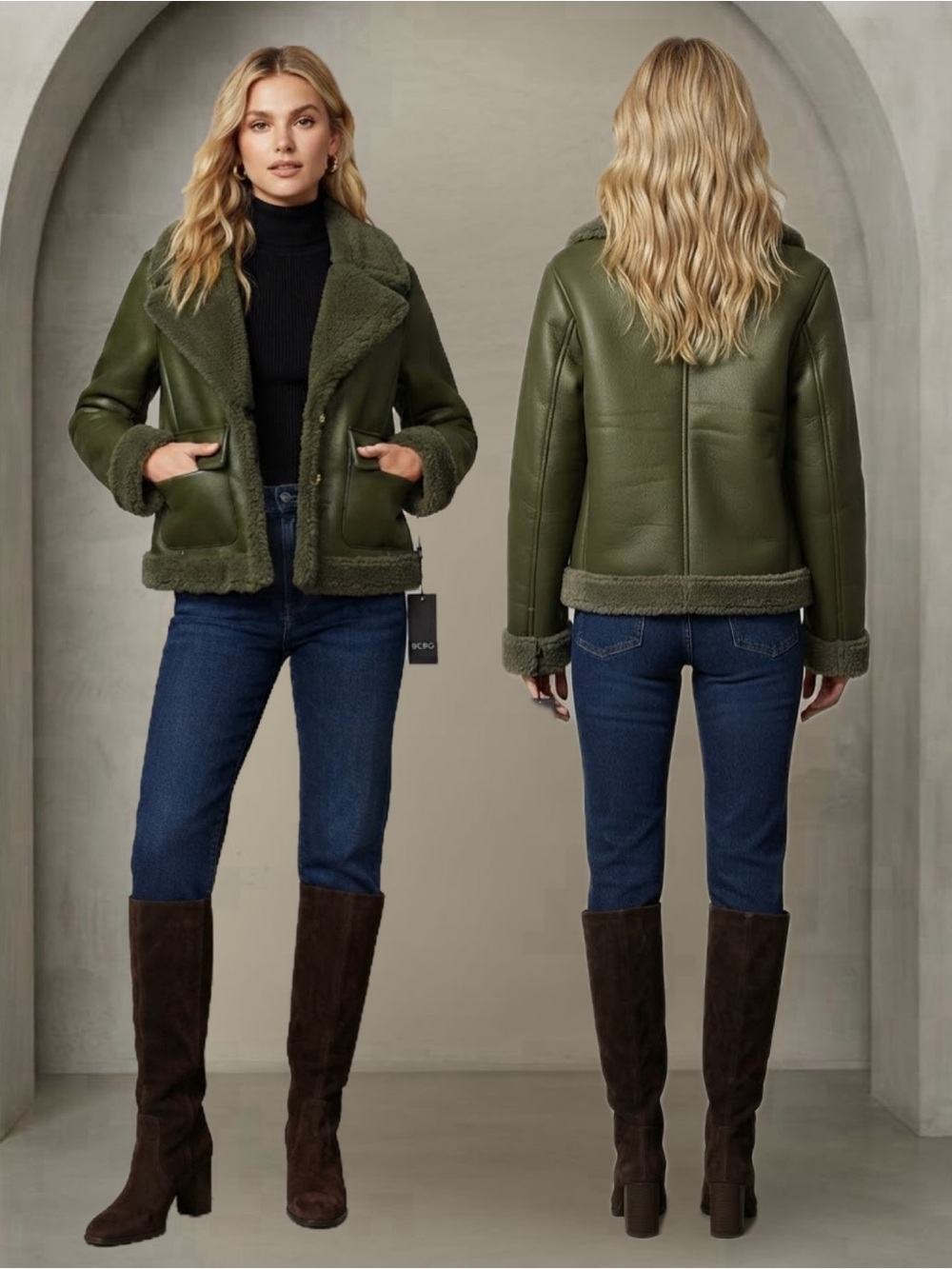 NWT BCBG Olive Green Faux Shearling Moto Bomber Jacket Sz L